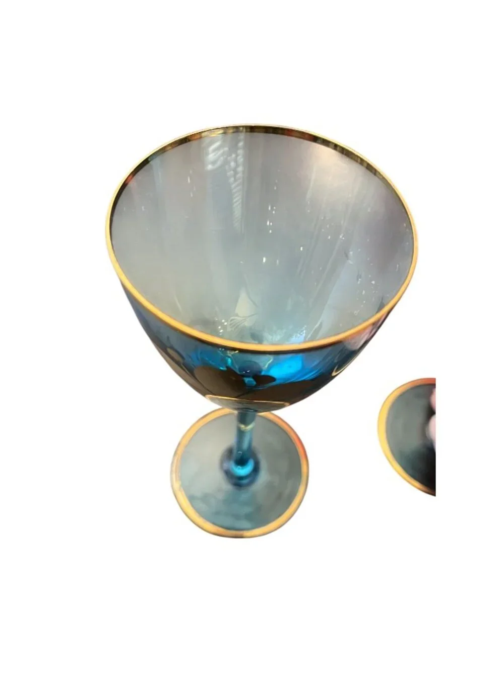 Vintage Ice Blue Wine Glasses Gold Floral Design Set Of 2 Elegant Stemware